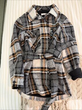 Bella Dahl Plaid Belted Shacket - Gray, Black & Tan